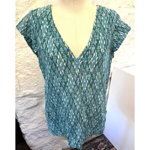 Joie Silk Blouse XS‎ Blue Ikat Print Cap Sleeve V-Neck Top Boho Feminine Soft
